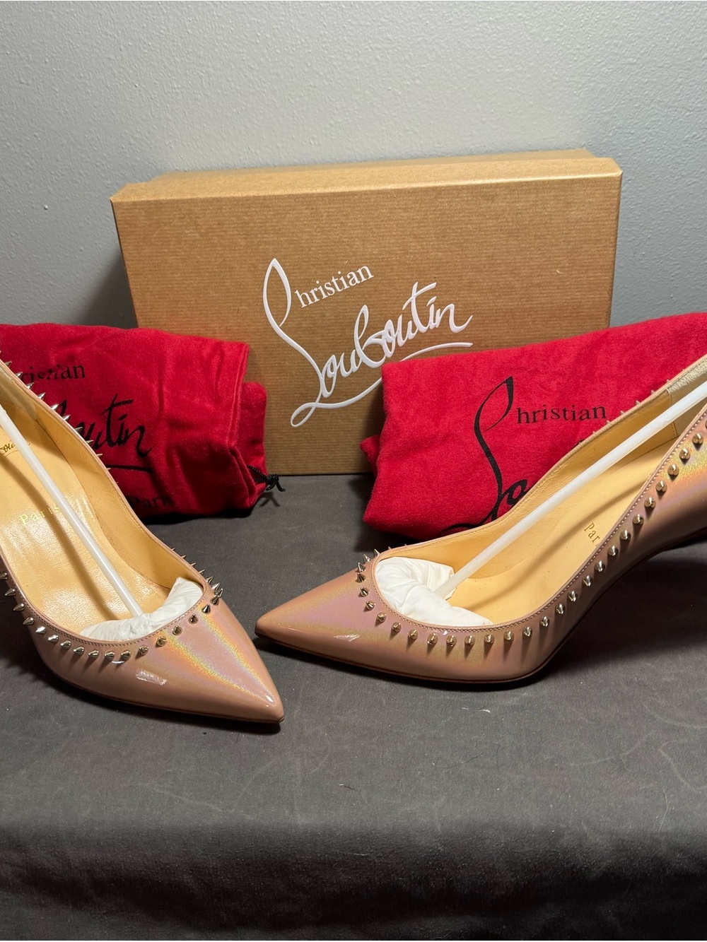 Christian Louboutin Iridescent Blush Patent Spike-Trim Pointed Pumps